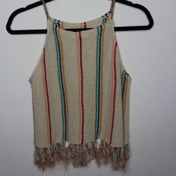 COCO & Jaimeson Beige Colorfull Stripped Fringe Open Weave Neck Knit Tan… - Picture 2 of 5